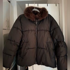 H&M Black Puffer Jacket with Brown Faux Fur Collar